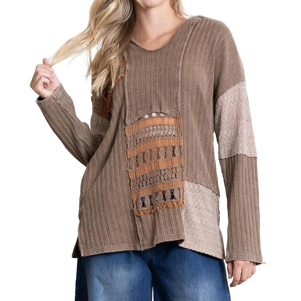 NEW BLUE VELVET multi fabric lace inset hooded top in brown